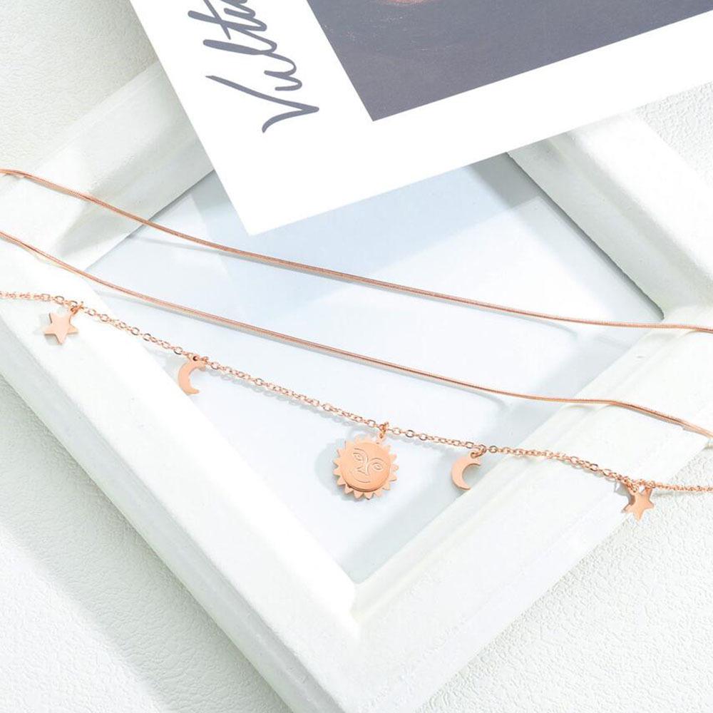 Sun Moon Stars Double Layer Titanium Steel Necklace - Versatile Stackable Clavicle Chain for Women