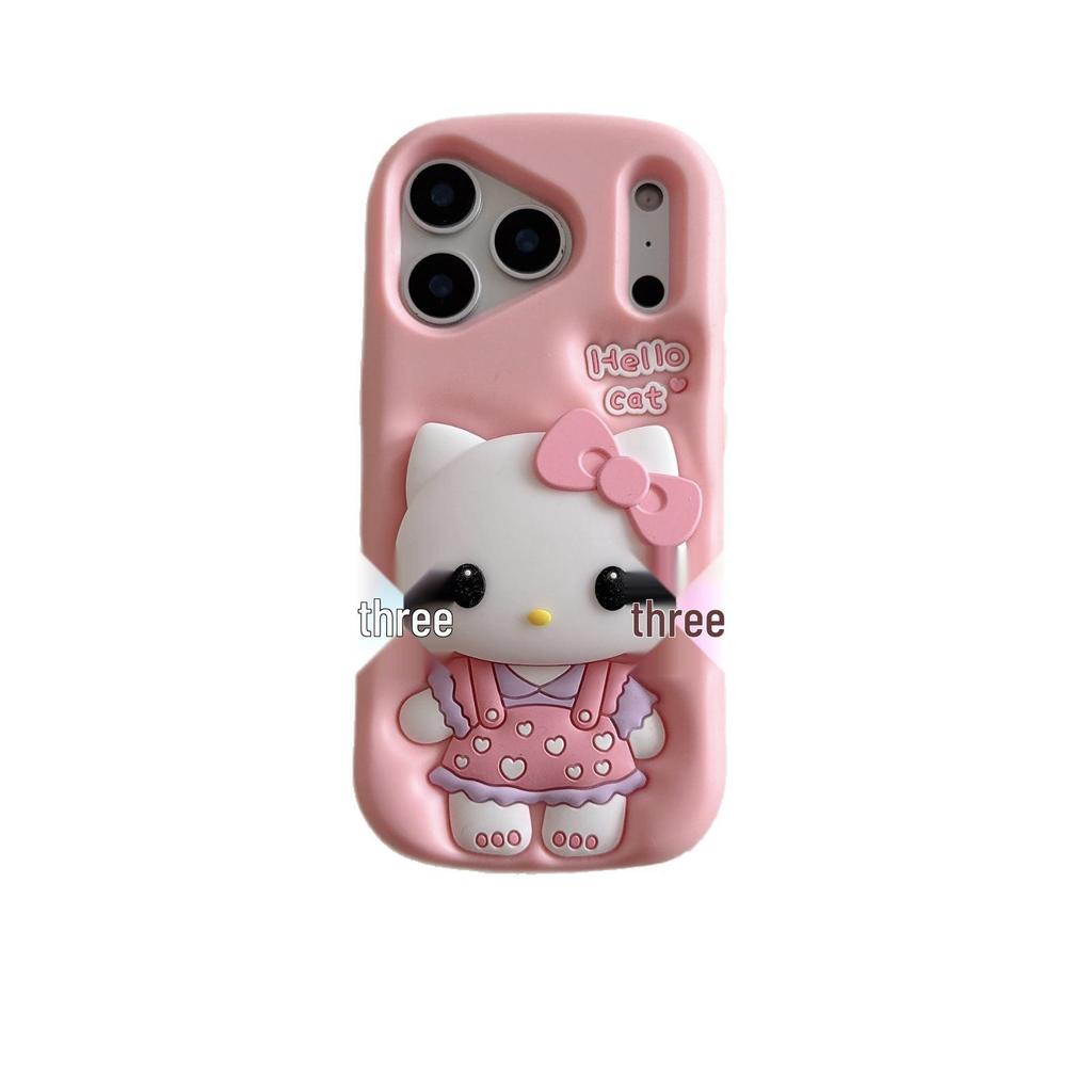 Pink Heart Strap Dress KT Cat Stand Phone Case for iPhone 14/15/16/17 Pro Max