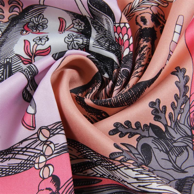 Luxury  Twill Silk Large Scarf Women Handmade Curling Horse Rider Animal Female Twill Square Shawl Fashionbelt Squarescarve