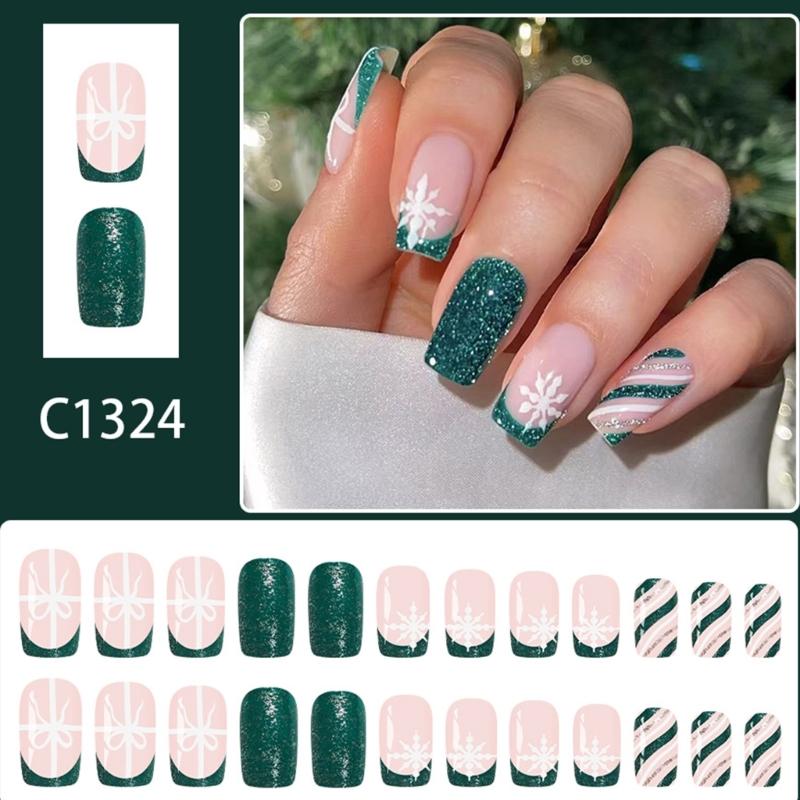 Sclipici Verzi Strălucitori Vârf Francez Unghie Artificială 24 buc Potrivire Ușoară Unghie Falsă Scurtă Pătrată Pentru Decorațiuni Eveniment de Crăciun