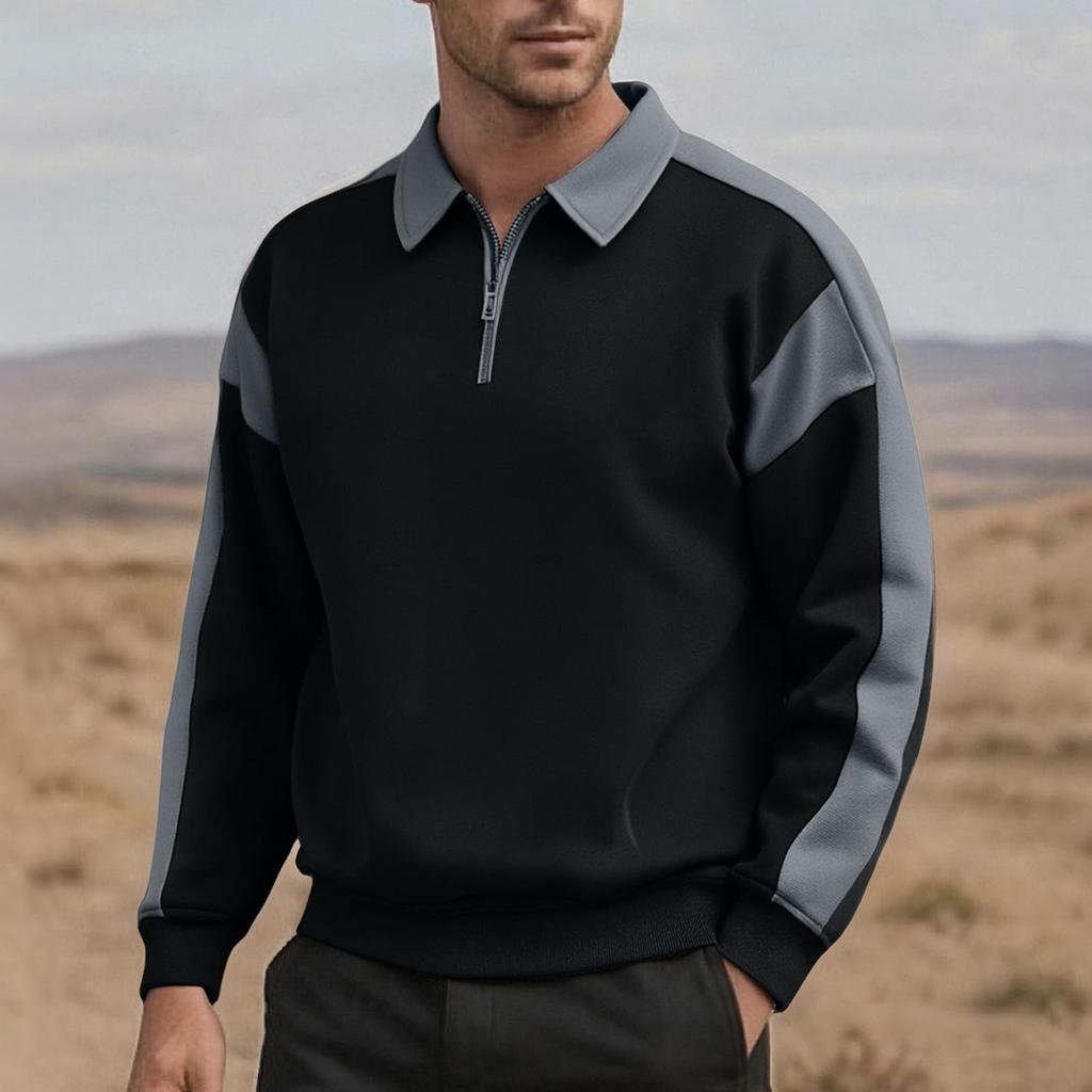 Mens Long Sleeve Neck Sweatshirts Patchwork Color Block Zip Up Pullovers Fall Casual Loose Fit Outfits Clothes