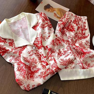 Spring And Summer National Style Red Landscape Painting Pajamas Women'S Thin Short-Sleeved Shorts Casual Loungewear Set