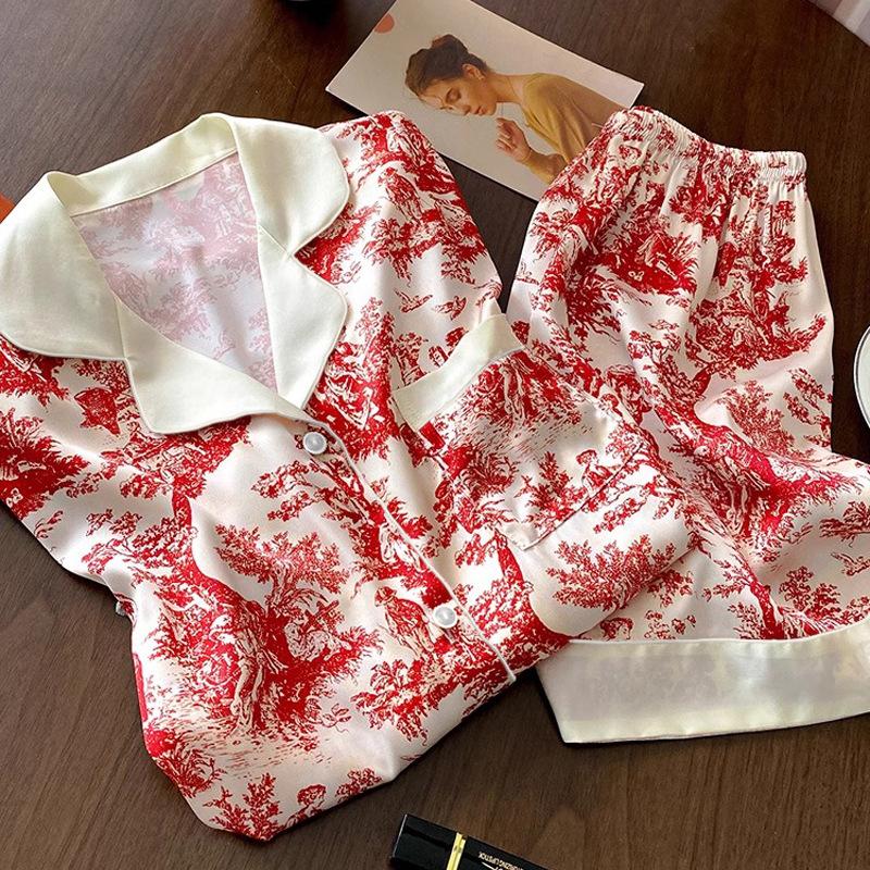 

Весенне-летняя пижама в национальном стиле с красным пейзажем, женская тонкая с коротким рукавом и шортами, повседневный комплект для дома L