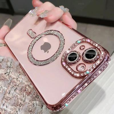 Luxuriöses durchsichtiges Kristalldiamant-Gehäuse für iPhone 15 11 12 13 14 Pro Max Plus Bling Sparkly Magsafe Magnetische kabellose Ladeabdeckung
