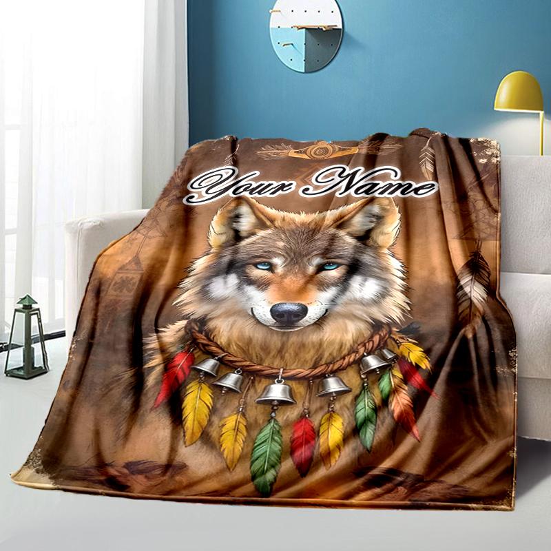 1PC Custom Name Wolf Spirit Dreamcatcher outdooor Flannel blankets Throw Blanket All-Season Throw Gift Bedspread for Couch, Bed, Camping Holiday Birth