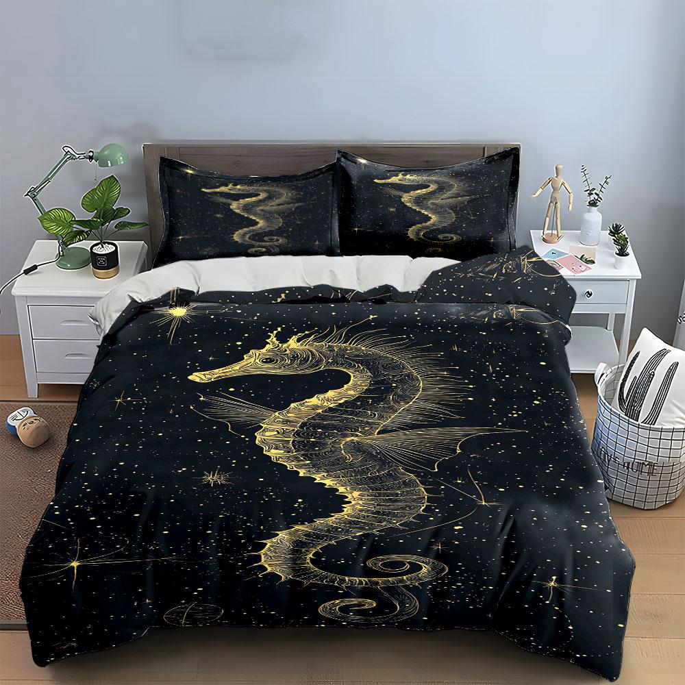 Golden seahorse with stars. Bedding sets Duvet cover sets Duvet covers Pillowcases(1 * Duvet Cover 2 * Pillowcases without duvet insert)