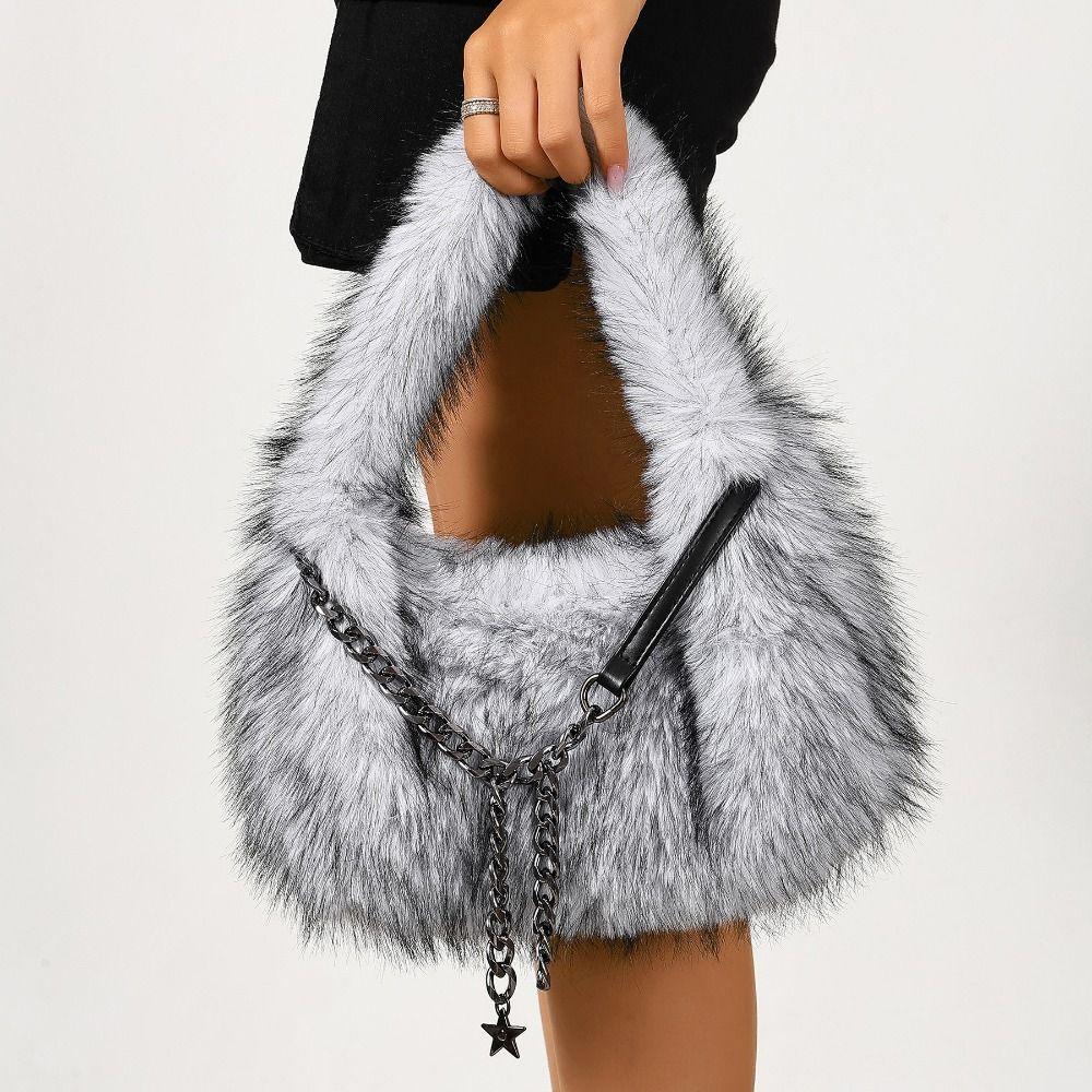 Portable Faux Fur Shoulder Bags Y2k Fluffy Tote Bag Portable Fluffy Hobo Bags Dating