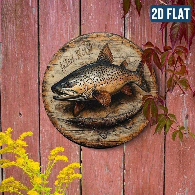 

Vintage Metal Wall Art, Round Brown Trout 7.75 Inch, Bar Decor