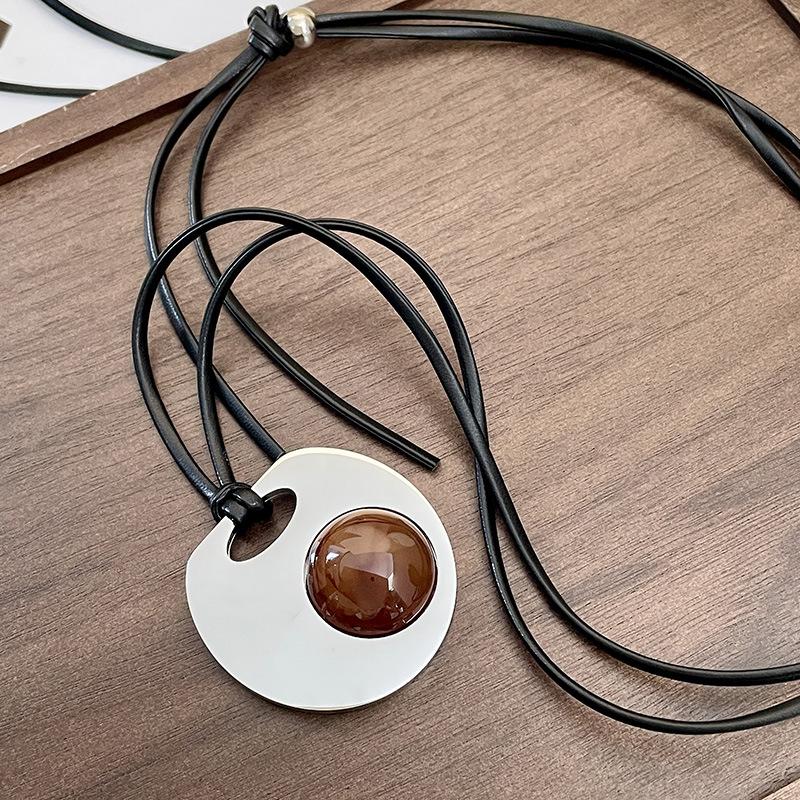 Niche Design Leather Rope Sweater Chain Long Titanium Steel Texture Disc Necklace Tide