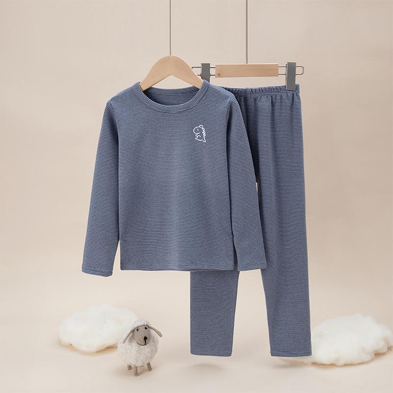 Barns Dubbelsidigt Plysch Termiskt Pyjamas Set - Höst Randig Överdel & Underdel för Pojkar och Flickor