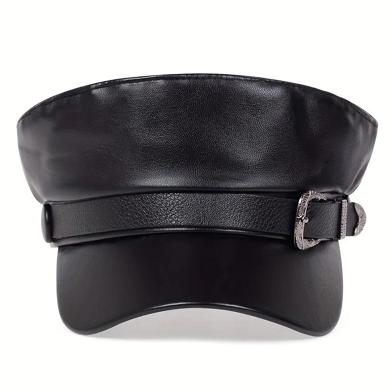 Sailor Autumn Spring Hat Leather Buckle Belt Large Women Fashionable Trendy Hats Black Ladies Beret Caps Men Flat Top Captain Military Caps