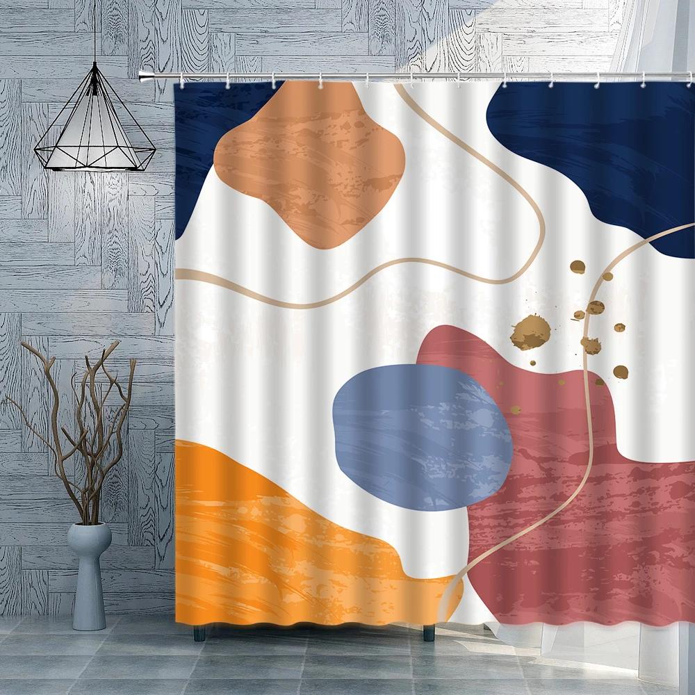 Abstract Leaves Shower Curtain Set Creative Geometry Mid-century Boho European-style Fabric Decor Bathroom Curtain Hook Washable