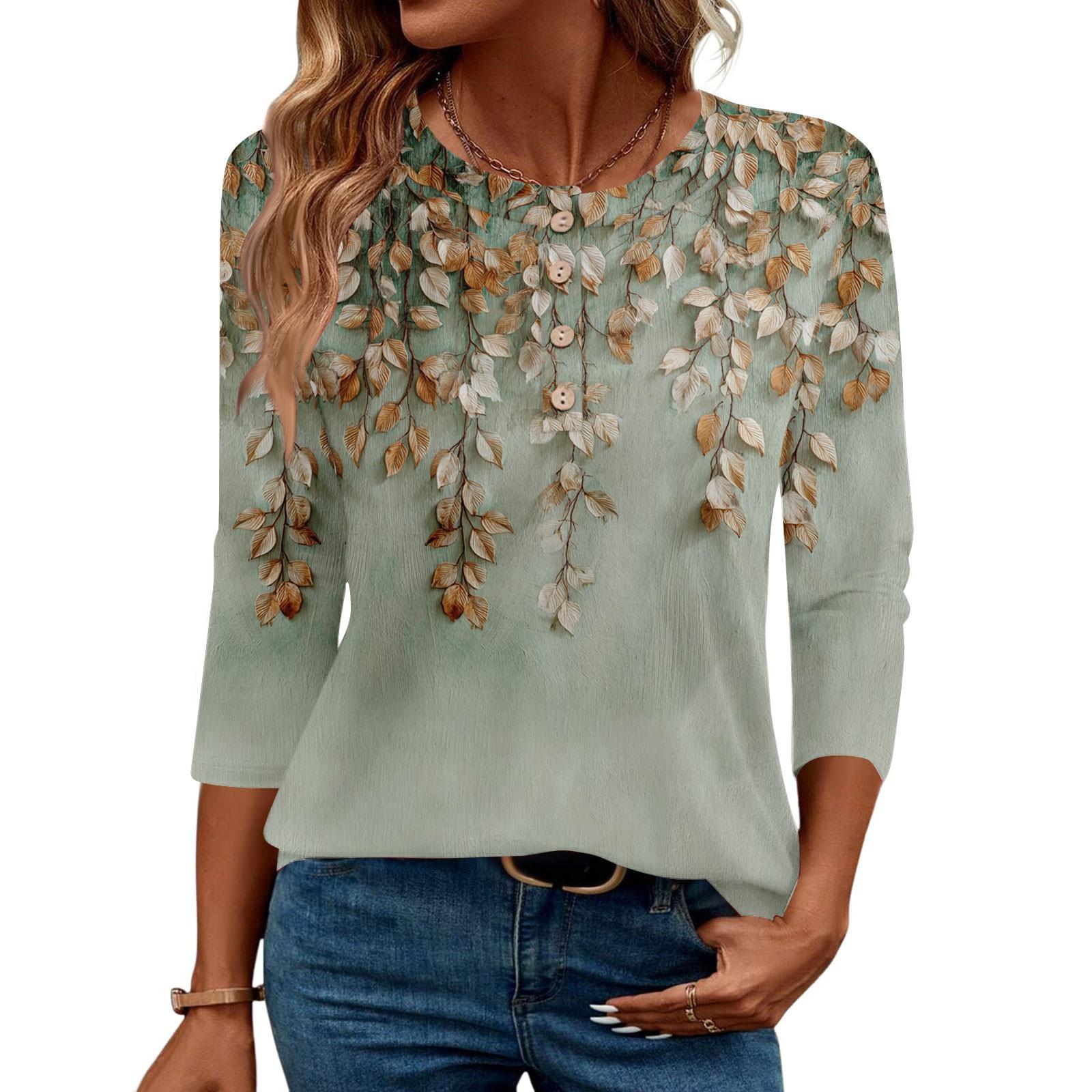 

3/4 Sleeve Shirts For Women Button Down Shirt Top For Women Half Button Down Print Graphic Blouse XXL