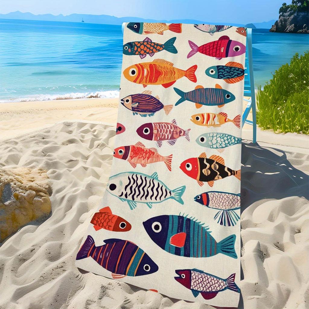 Serviette de plage imprimé poisson art populaire coloré, Coton doux à séchage rapide, Motif de poisson tribal multicolore fantaisiste pour l'été et la piscine