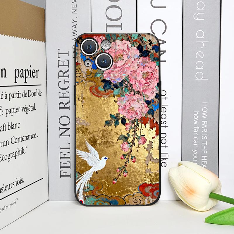 

Retro Flower Hibiscus Golden Ink Painting Phone Case for iPhone 17 16 12 11 14 13 15 Pro Max Mini XS MAX XR 7 8 Plus Soft Cover iPhone 14 Pro Max