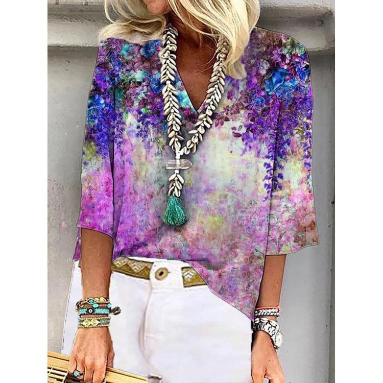 Summer Casual Printed V-Neck Half Sleeve T-Shirt Women's Fashion Blouse Plus Size S-3XL Femme Tops