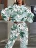 Europe And The United States New Fashion Leisure Sports Hooded Flower Print Sweater Set