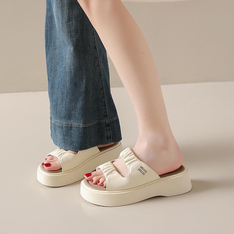 CRLAYDK Platform Slide Sandals for Women Beach Fold Summer Causal Thick Sole Soft Leather Open Toe Slip on Slippers