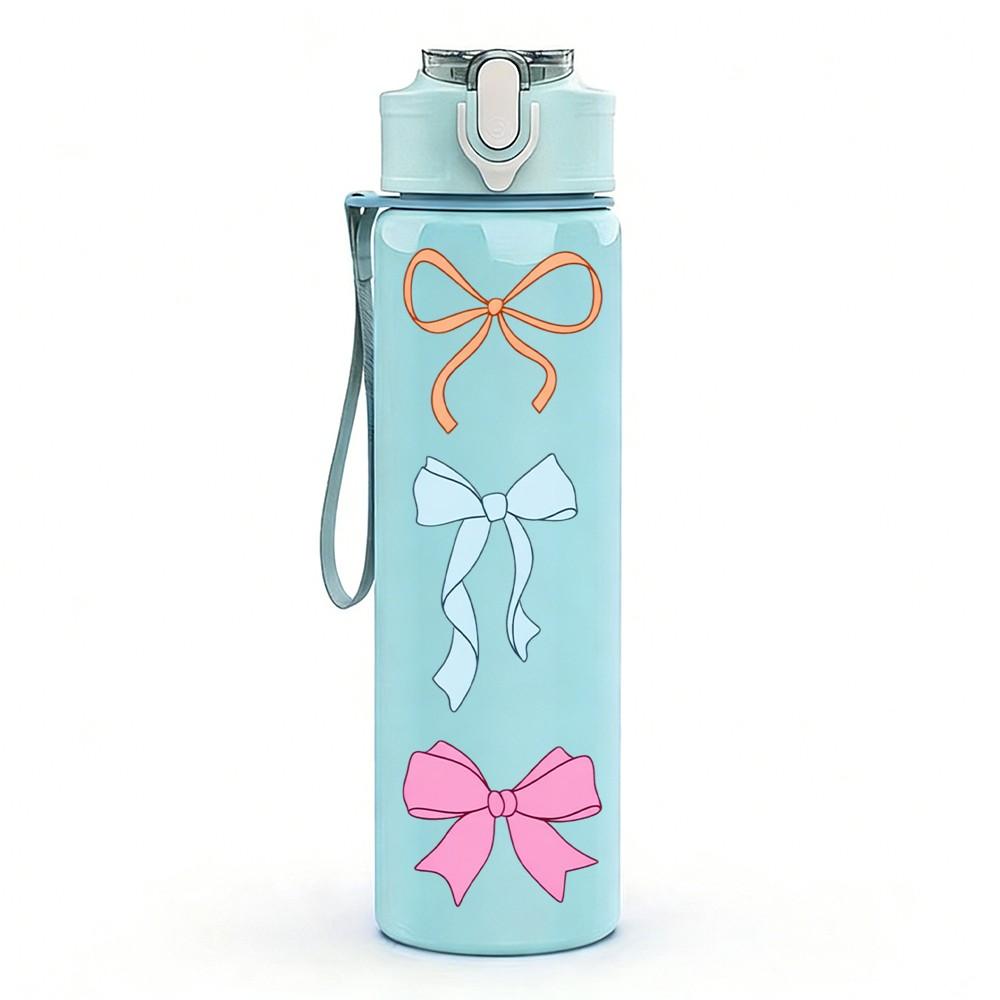 1PC Pastel Bow Ribbon Bowknot Print 750ml Color Plastic Sports Water Bottle Leakproof Flip Straw Lid Suitable for Sports Office Home Use