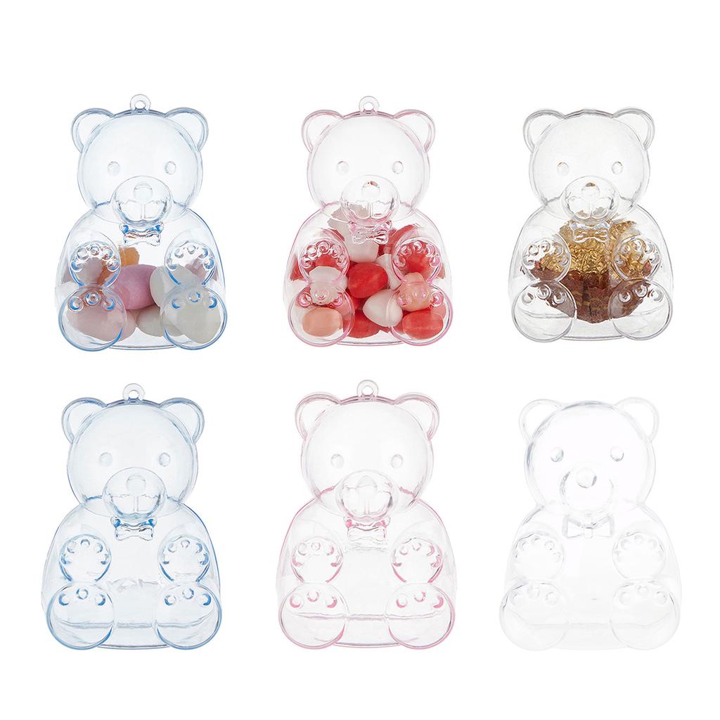 Sett med 12 bjørneformede godteribeholdere klare plastoppbevaringsbokser for godteri med lokk gjennomsiktig smykkeemballasjeetui
