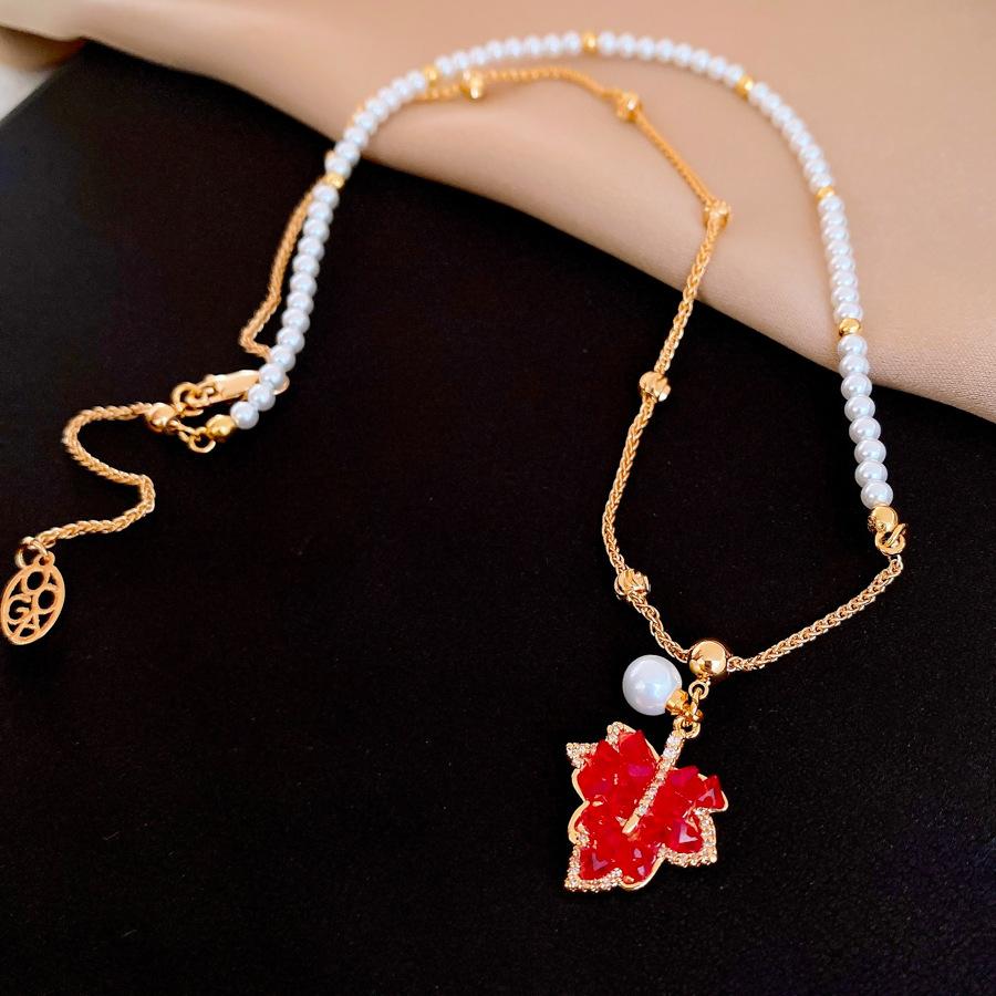18K real gold electroplated zircon maple leaf pearl necklace accessories women s design sweater chain accessories