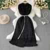 Celebrity Temperament Heavy Industry Pearl Fungus Edge Round Neck Dress Women's Summer New Waist Thin Pleated Long Dress