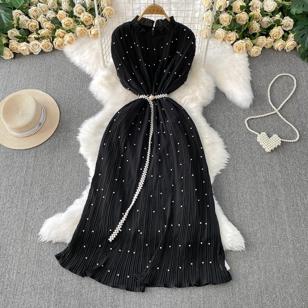 Celebrity Temperament Heavy Industry Pearl Fungus Edge Round Neck Dress Women's Summer New Waist Thin Pleated Long Dress