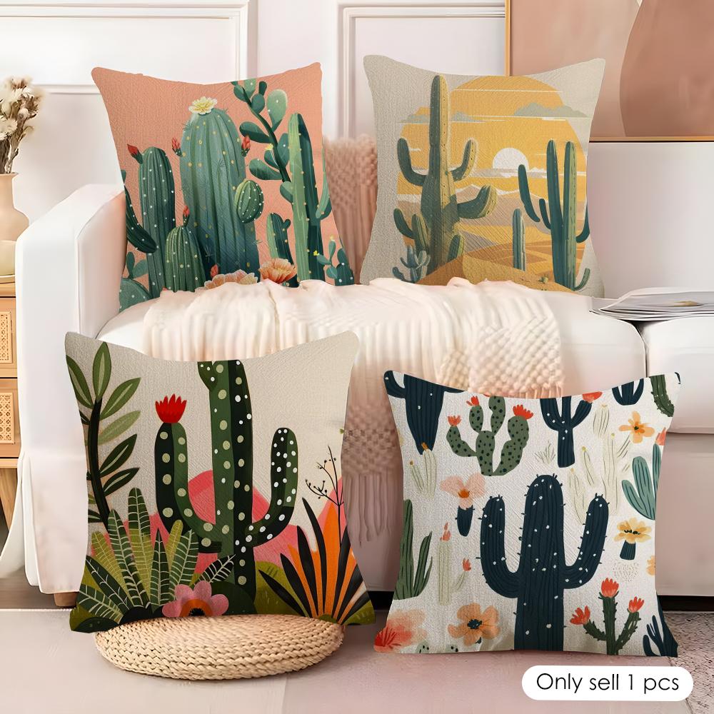 Retro Cactus Cushion Cover Natural Linen Organic Fabric DoubleSided Printing Sofa Home Decor Gift Pillow Cover