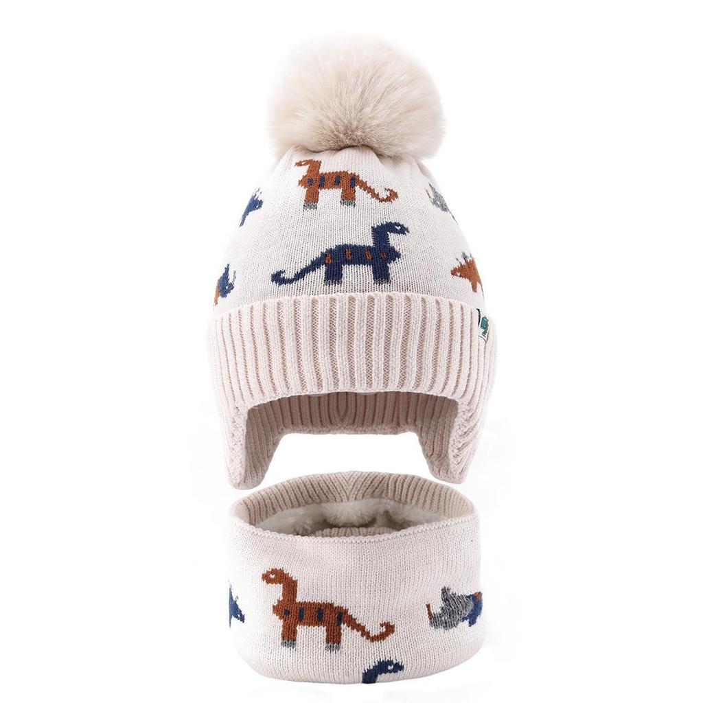 Cartoon Dinosaurier Woll-Pompon-Mütze & Schal Set: Verdicktes Strickmaterial für Herbst/Winter, Ohrenschützende Wärme