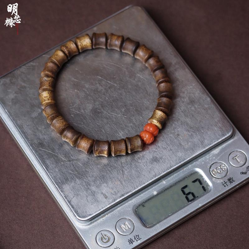 Hainan Green Qinan Agarwood Bamboo Joint & Lotus Bead Bracelet, 0.7 DIY, Unisex Prayer Beads