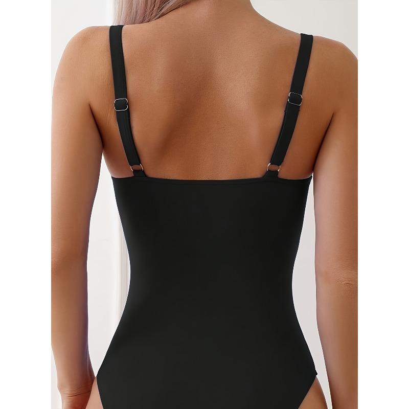 Solid Color V Neck Tummy Control One Piece Swimsuit, Conservative Swimwear for Women KTY