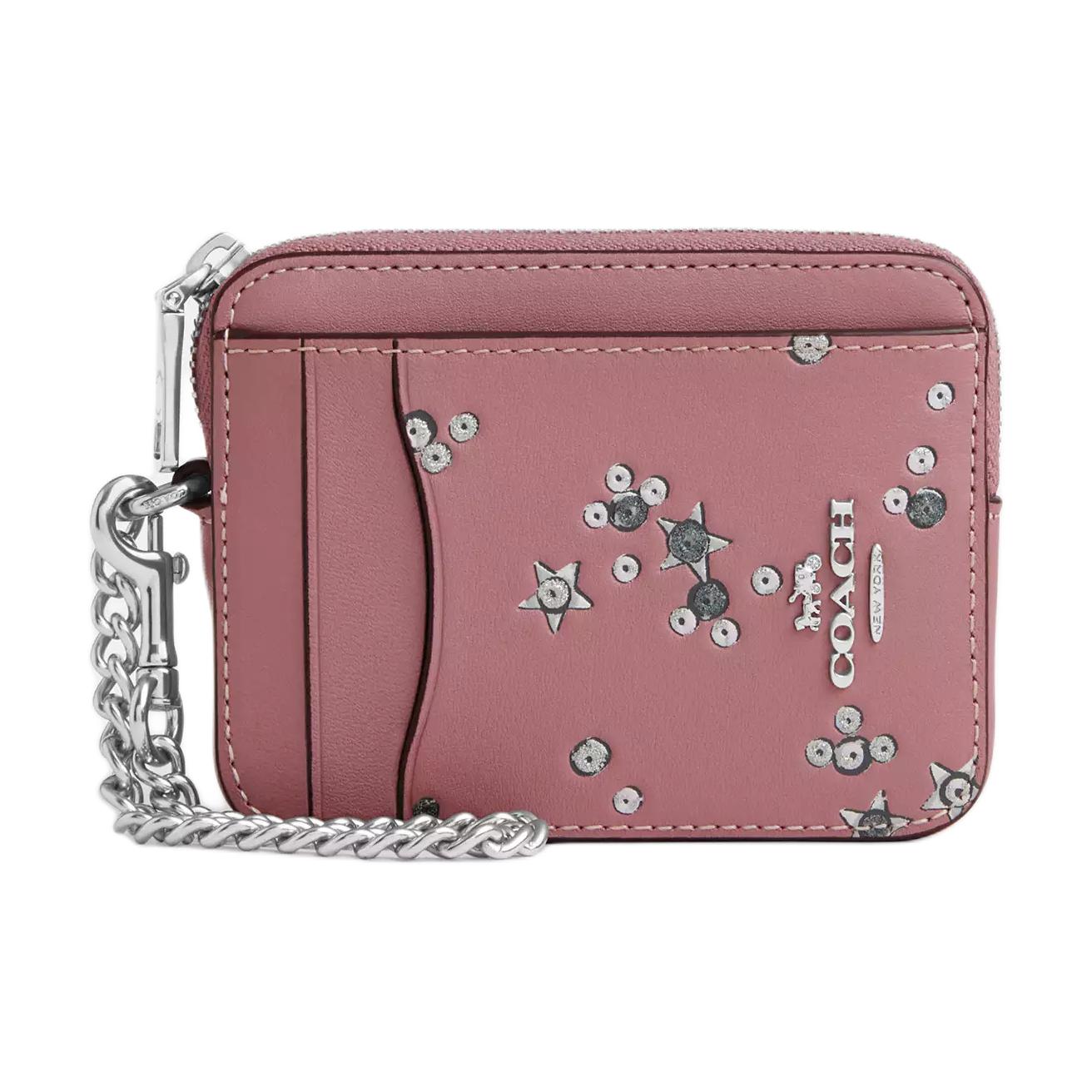 

Coach 8 Star Print Silver Hardware Chain Bracelet Leather Wallet Card Holder Women wallet Pink CCO26-SVPF6 Pink