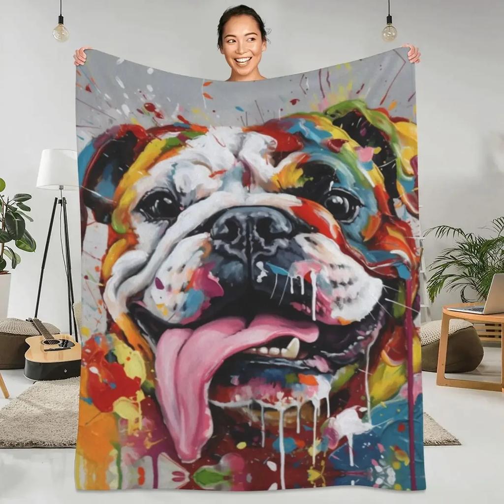 English Bulldog Flannel Throw Blanket Super Warm Oil Painting Animal Design for Couch Bed Picnic Funny Bedspread Sofa Cover