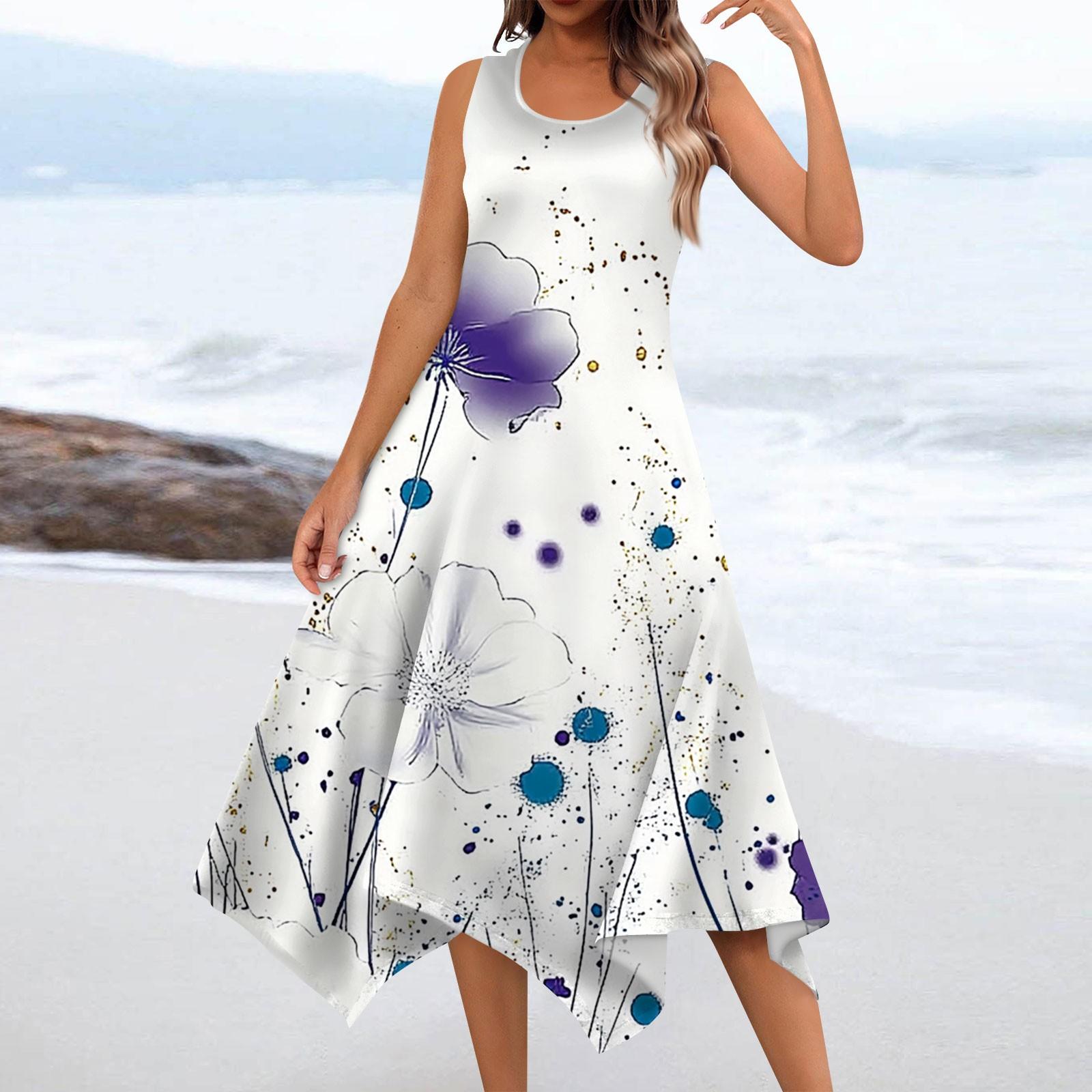

Женское повседневное модное платье миди без рукавов с круглым вырезом и цветочным принтом, нерегулярный подол L белый