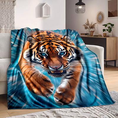 1pc Tiger Print Blanket Lightweight Blanket Throw Blanket For Sofa, Bed, Travel, Camping, Livingroom, Office, Couch, Chair Yy251010100
