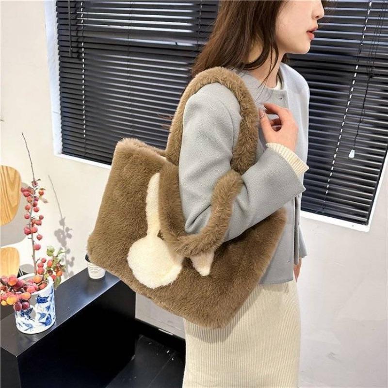 New Autumn and Winter Large-capacity Tote Bag Women's Fur Bag Cute Cartoon Handbag Plush Shoulder Bag