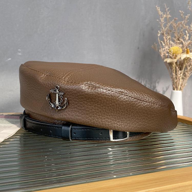 High Quality British Style Belt Anchor Beret Personalized Lychee Pattern Pu Leather Painter Hat