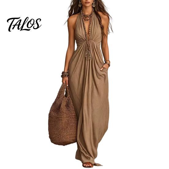 Lässiges Neckholder-Faltenkleid Damen Nacken Maxikleid, Tiefes V Ärmellos Schlankmachend Langer Rock Strandurlaub Sommerkleid, Sommer Fließend mit Taschen