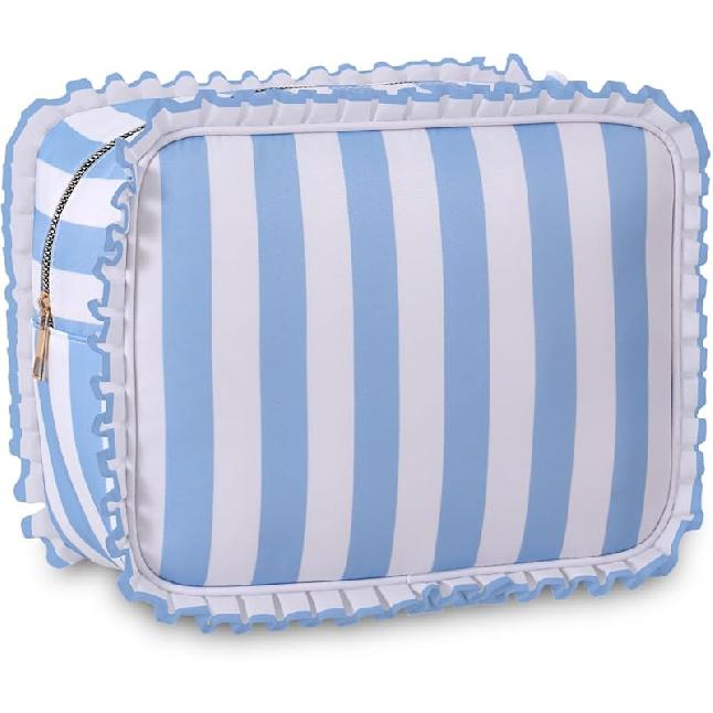 Stripe Ruffle Makeup Bag,Large Travel Cute Cosmetic Bag for Women Girls,Toiletry Bag Make Up Organizer 10.8 X 4.5 X 8 Inch (Blue Stripe)