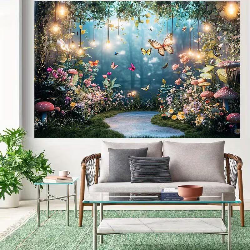 2D Magical Forest Backdrop, Enchanted Butterfly Garden Photo Booth Background