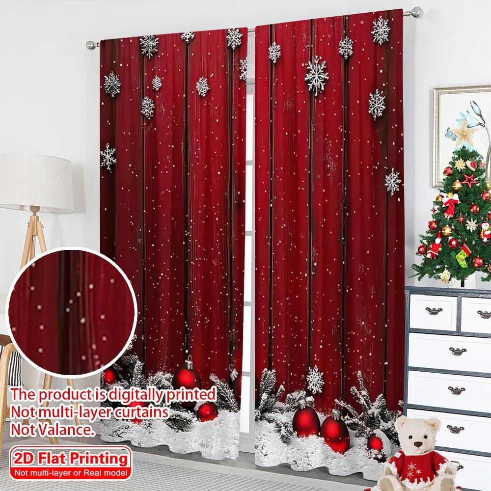 2D Flat Printing 2pcs Merry Christmas Curtain Festive Snowflakes and Pine Branches Versatile 100% Polyester Without Electricity
