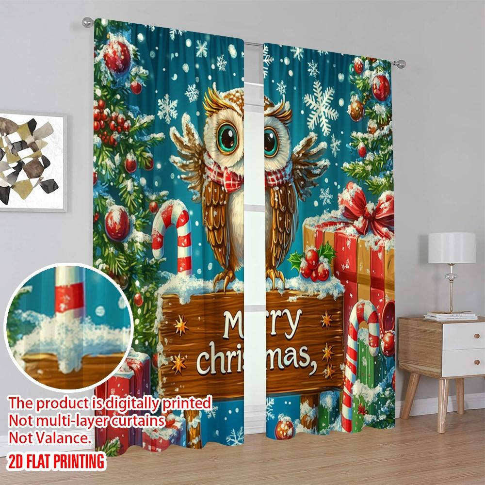 2 szt., druk płaski 2D Popularne panele zasłonowe Świąteczny prezent urocza sowa (4) 100% poliestru (bez pręta) Święta do sypialni,
