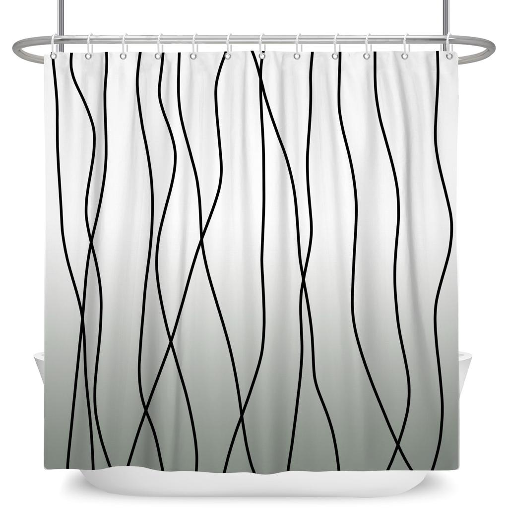 Minimalist Wavy Line Shower Curtain Gradient Design Waterproof Bath Curtain Bathroom Decor Multiple Options Polyester With Hooks