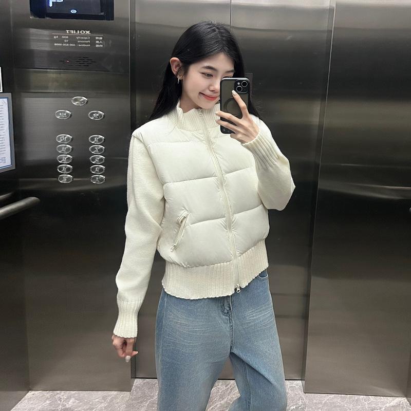 Women's Multi Color Knit Patchwork Puffer Jacket Casual Stand Collar Cotton Padded Coat