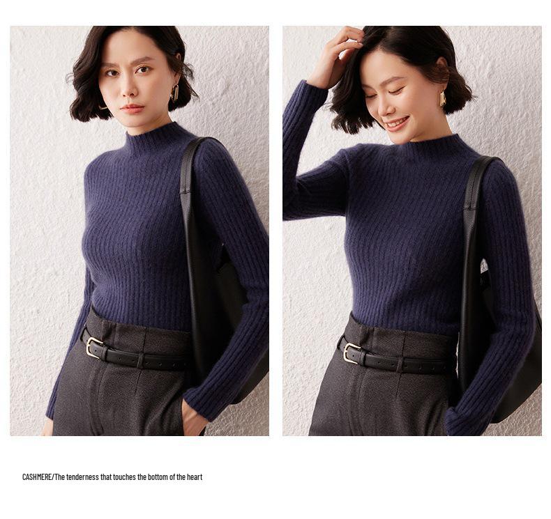 Cashmere Ribbed Slim-Fit Sweater: Warm, Thick Half-High Collar Knitwear for Autumn & Winter