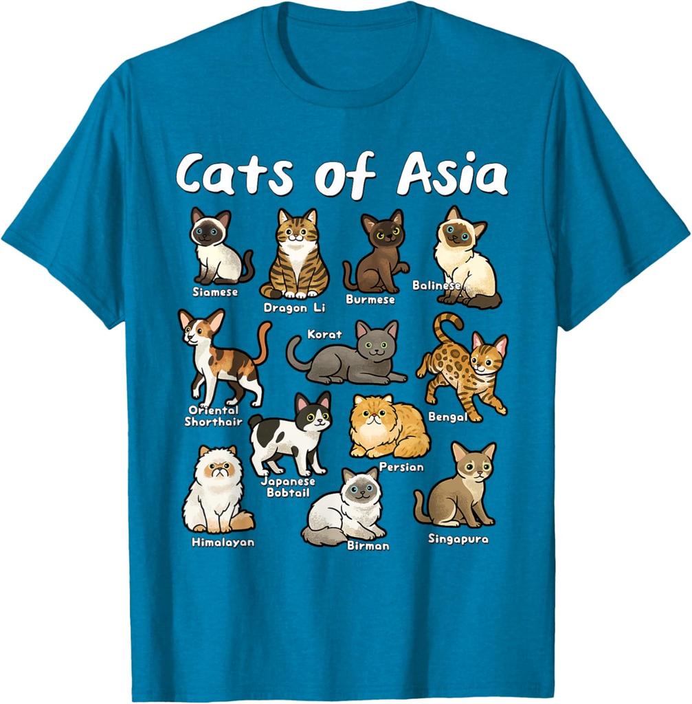 Cats of Asia Breeds Graphic Tee Casual Cotton Short Sleeve T-Shirt for Men Trip