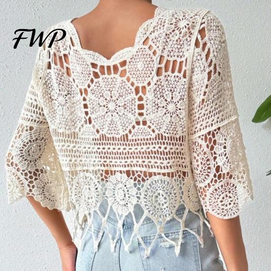 Tassel Hem Blouse Cover Up Tops Loose Fit Round Neck Three-Quarter Sleeve Crochet Hollow Fabric Beach Bohemian Shirt