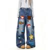 Women S Cartoon Embroidery Wide Leg Jeans Loose Fit Casual Denim Pants
