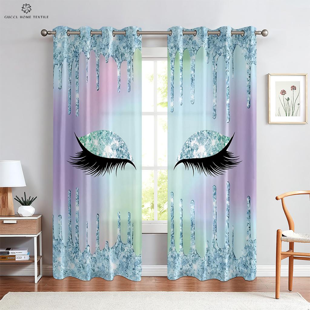 Unicorn Window Curtains with Glittering Print, Cartoon, Fantasy, Unicorn, Eyelashes, Custom, Living Room, Study Decoration, 2Pcs