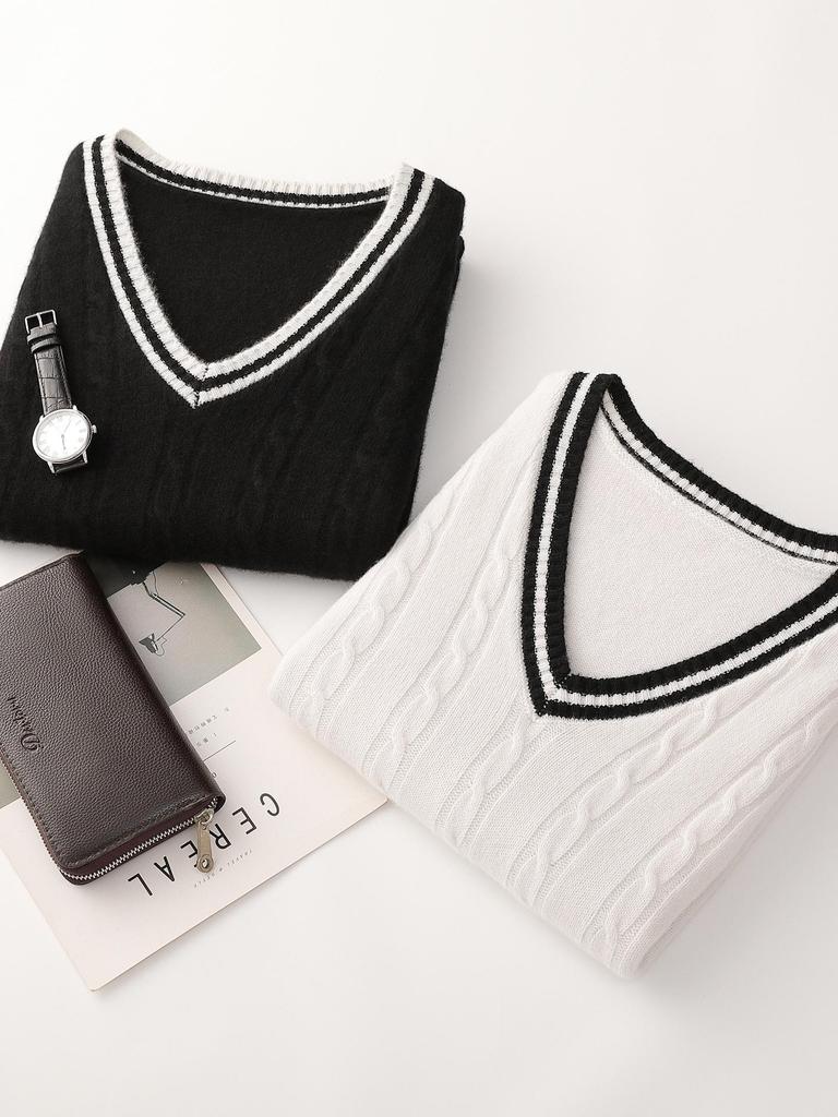 Men's College-Style 100% Wool Knitted Vest, Autumn/Winter Cable Knit, Contrasting Colors, Thickened Sleeveless Design